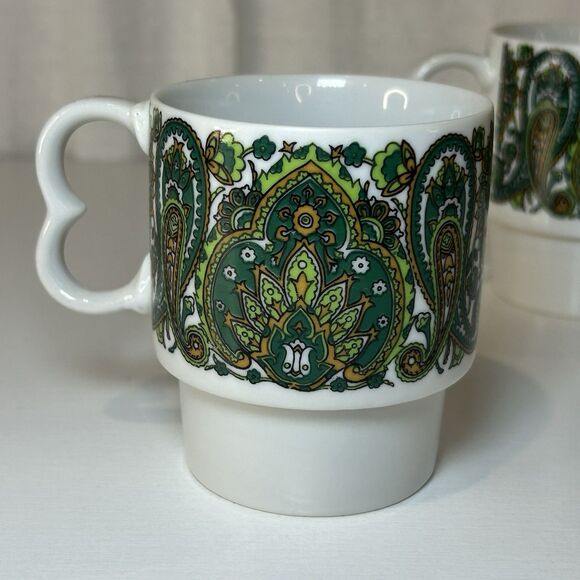 MCM 70’s Paisley Green Yellow Collectible Coffee Tea Cup Mug Japan Set Of 4 - Picture 2 of 6